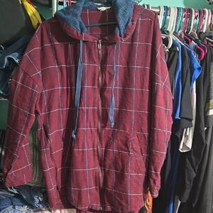 Red Plaid Hooded Jacket with Blue Accents